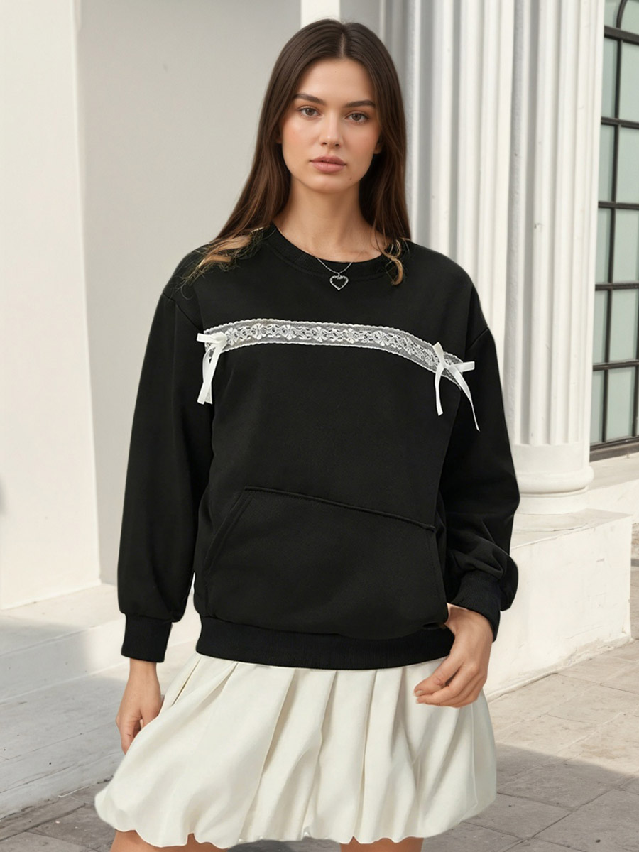 Lace Bow Crew Neck Oversized Sweatshirt Front Kangaroo Pocket Long Sleeve Pullover-image-1091362