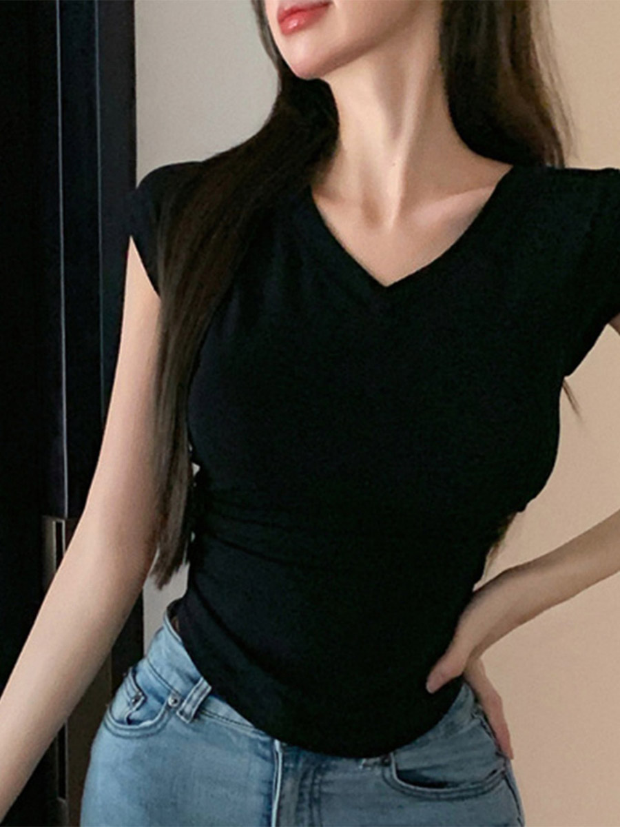 V Neck Side Ruched Slim Fit Short Sleeve T-Shirt Curved Hem Cropped Tee Basic Top-image-1091366