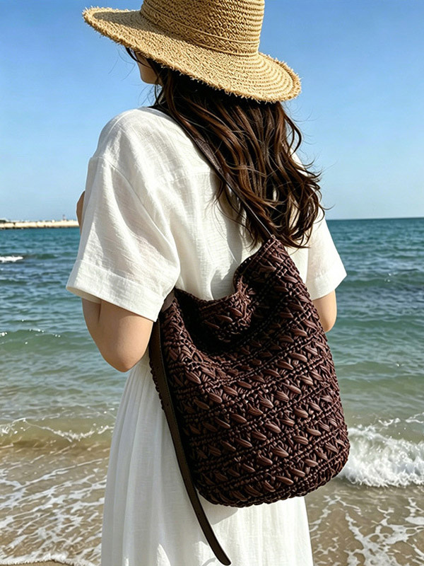 Sac bandoulière seau en raphia épais bandoulière ajustable en similicuir sac à main tissé
