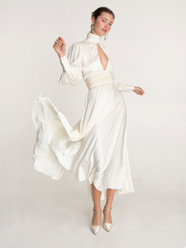 Party Dresses Maxi Daily Long Sleeves High Collar Raised Waist Elegant Pleated White Gown-image-1091674