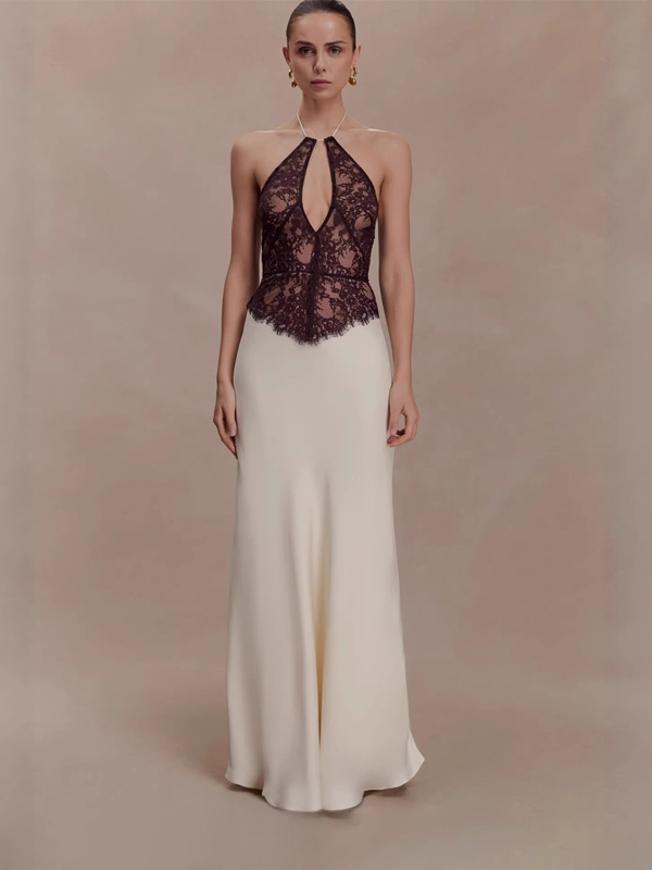 Party Dresses Maxi White Lace Sleeveless Backless Raised Waist Stripes Gown-image-1091676