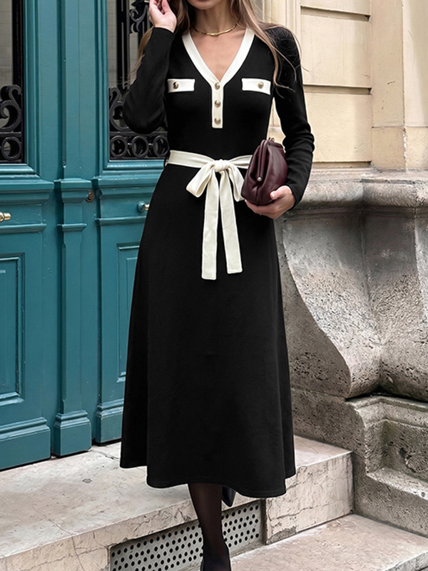 Daily Dresses Color Block Collar Ribbed Knit Tie Bow Waist Slim Fit Long Sweater Dress-image-1091680