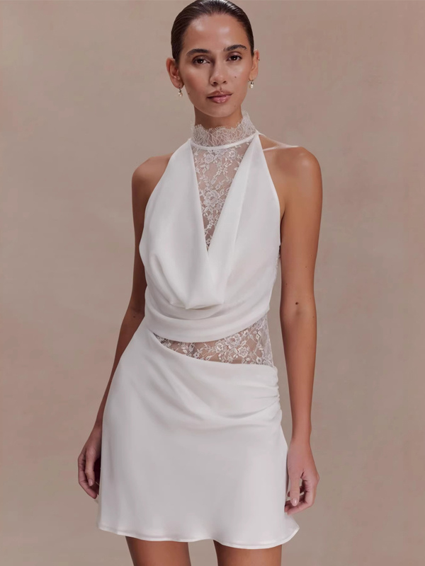 Halter Lace Mesh Cutout Mini Dress Draped Front Sheer Cocktail Party Gown-image-1091700