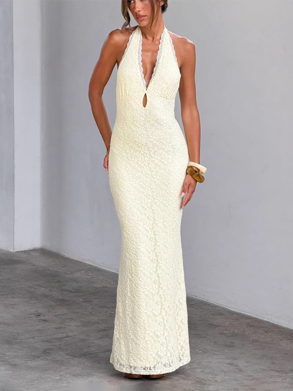 Party Dresses Deep V Halter Floral Lace Mermaid Maxi Dress Backless Slim Evening Gown-image-1091702