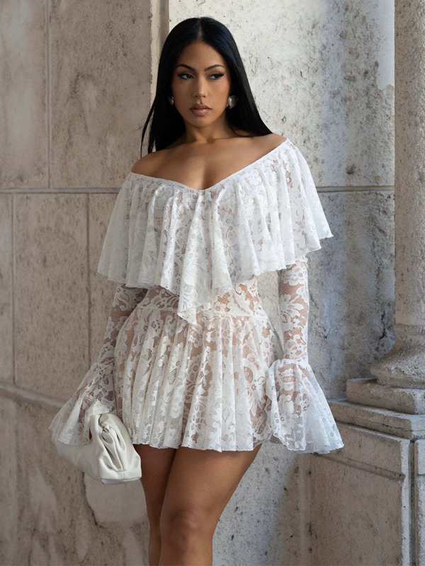 Date Night Dresses Mini Lace Long Sleeves Off-The-Shoulder Chic White Dress-image-1091798