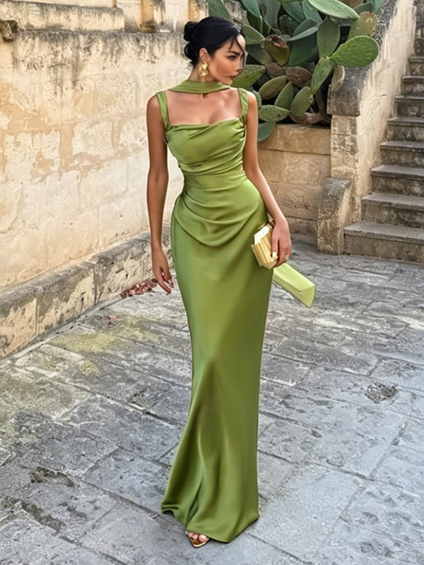 Party Dresses Square Neck Choker Sash Ruched Satin Mermaid Maxi Evening Dress-image-1091720