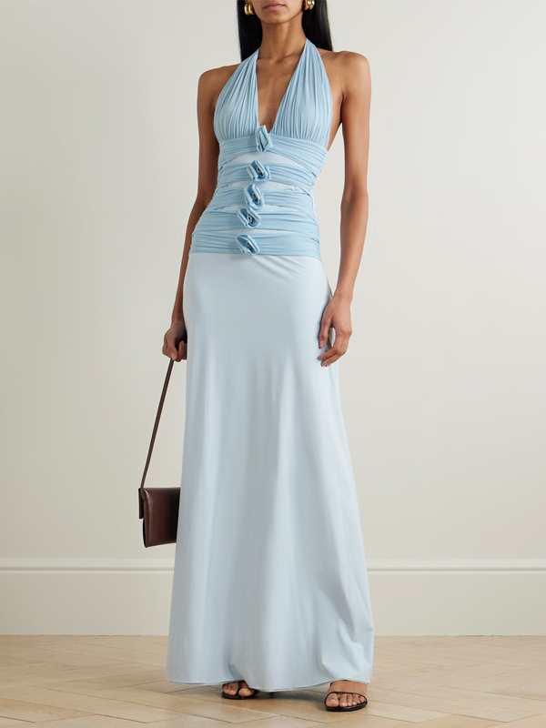 Party Dresses Halter Deep V Ruched Bust Backless Satin Maxi Evening Dress-image-1091718