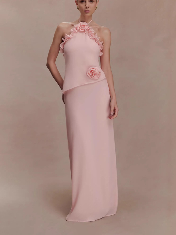 Party Dresses Floral Rose Halter Satin Maxi Dress Ruched Split Backless Evening Gown-image-1091716