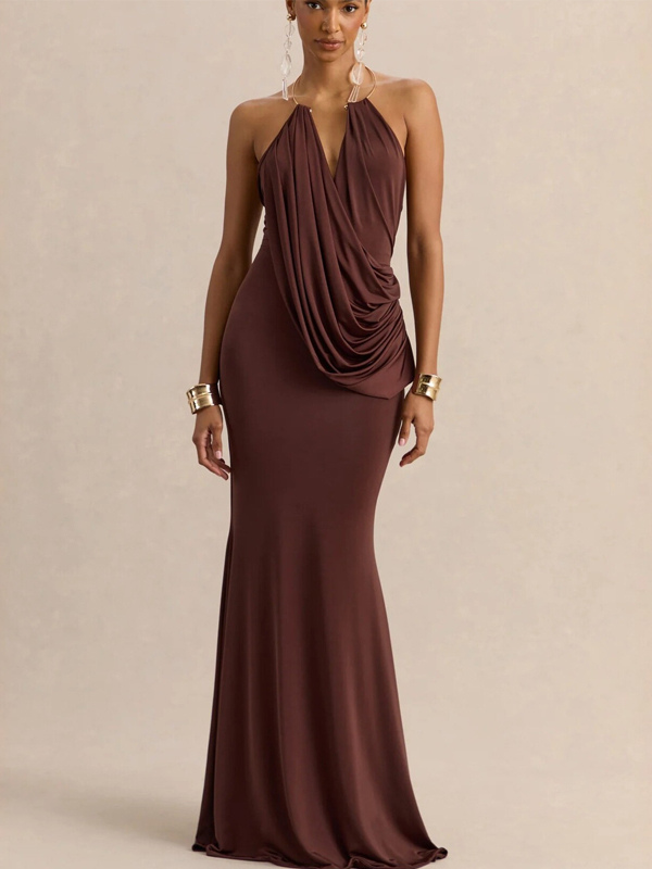 Party Dresses Halter Deep V Cowl Draped Maxi Dress Backless Mermaid Evening Gown-image-1091714