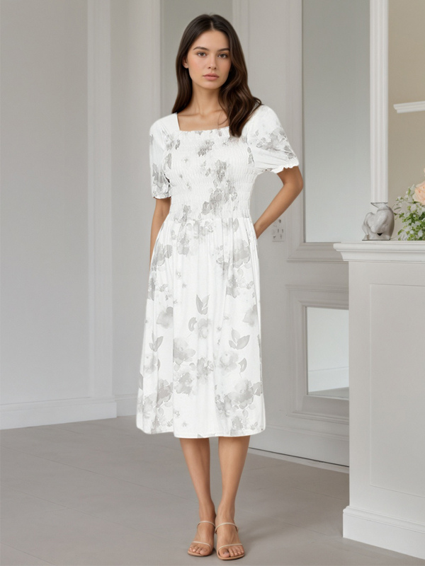 Daily Dresses Square Neck Puff Sleeve Floral Smocked Flowy Midi Dress-image-1091660