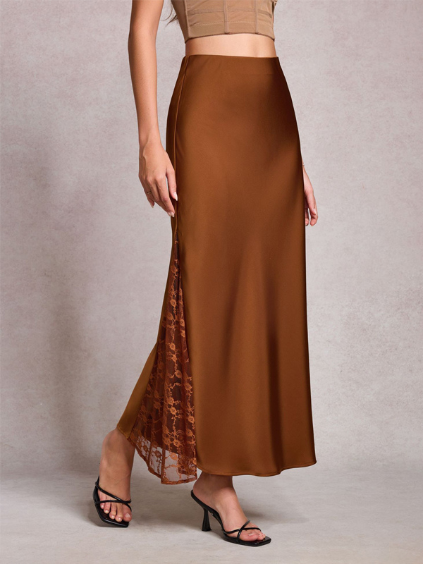 Skirts Green Satin Fabric Natural Waist Elegant Summer Long Women's Bottoms-image-1091824