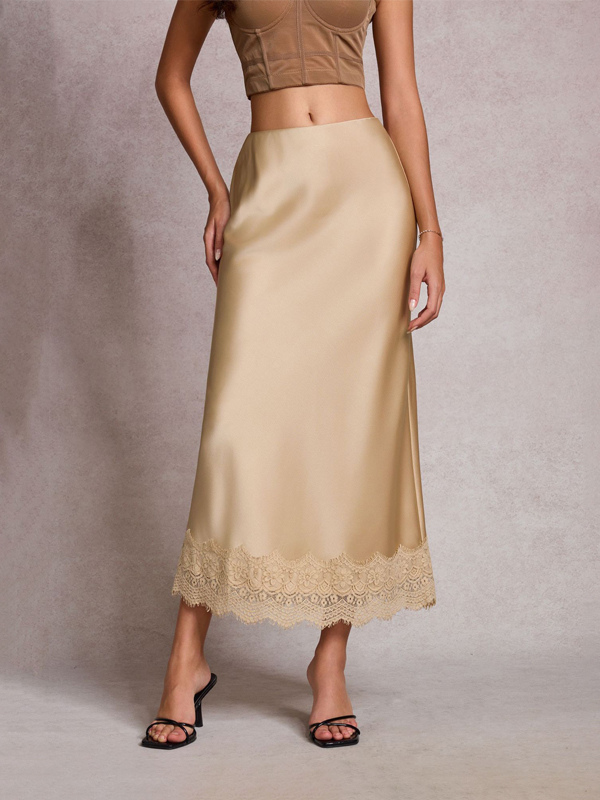 Skirts Champagne Natural Waist Satin Fabric Elegant Summer Long Women's Bottoms-image-1091828