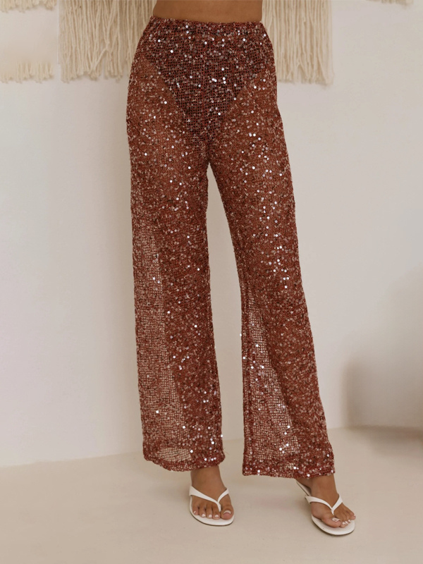 Pantalon à sequins chocolat taille naturelle