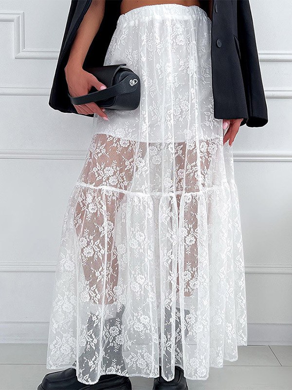 Elastic Waist Sheer Floral Lace Tiered Maxi Skirt Black White See Through Long Bottoms-image-1091950
