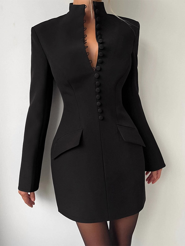 Party Dresses V Neck Button Pocket Slim Fit Elegant Evening Mini Dress-image-1091982
