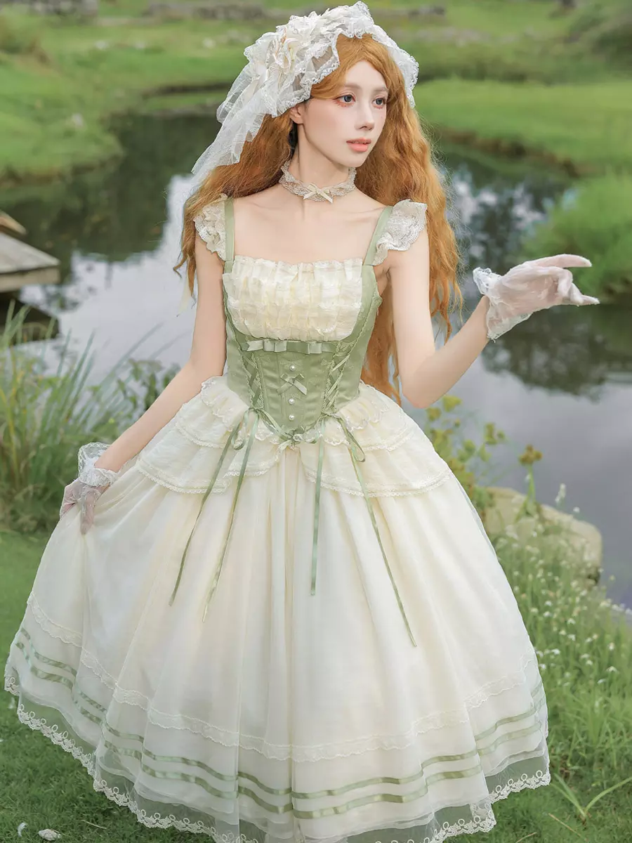 Sweet Lolita Dress Sleeveless White Green Corset Spaghetti Strap Lace Trim Tiered Cottage Long Gown