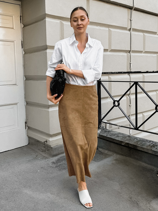 Midi Skirt Soft Suede Fabric High Waist Back Slit Vintage Midi Skirt-image-1092154