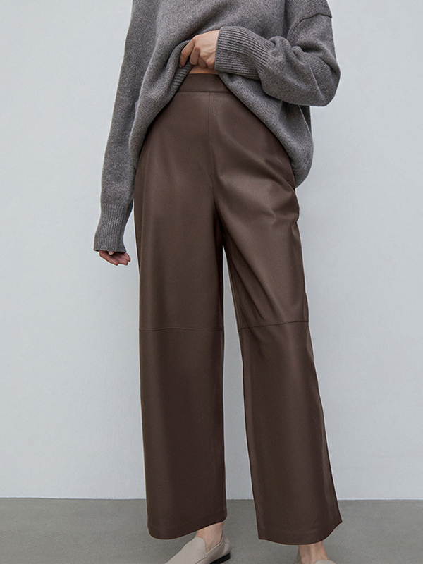 Pantalon taille haute en similicuir marron à jambes larges et droites style décontracté