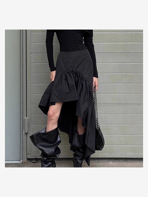 High Waist Ruffle High Low Hem Black Women Skirt Asymmetrical Midi Skirt-image-1092152