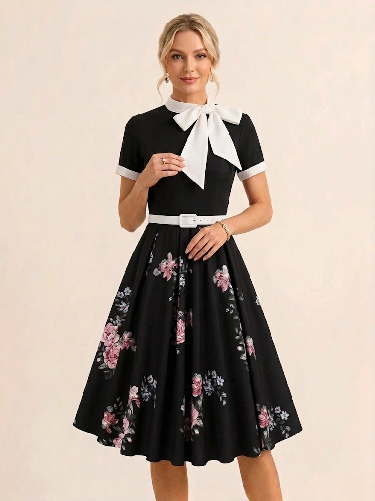 Robe midi vintage années 1950 pour femme - Robe trapèze imprimée à col nœud papillon - Idéale pour un thé printanier (2026)