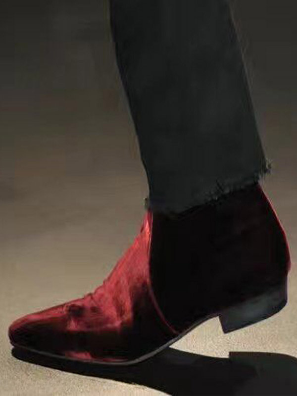 Bottines bordeaux en velours à bout pointu et fermeture éclair