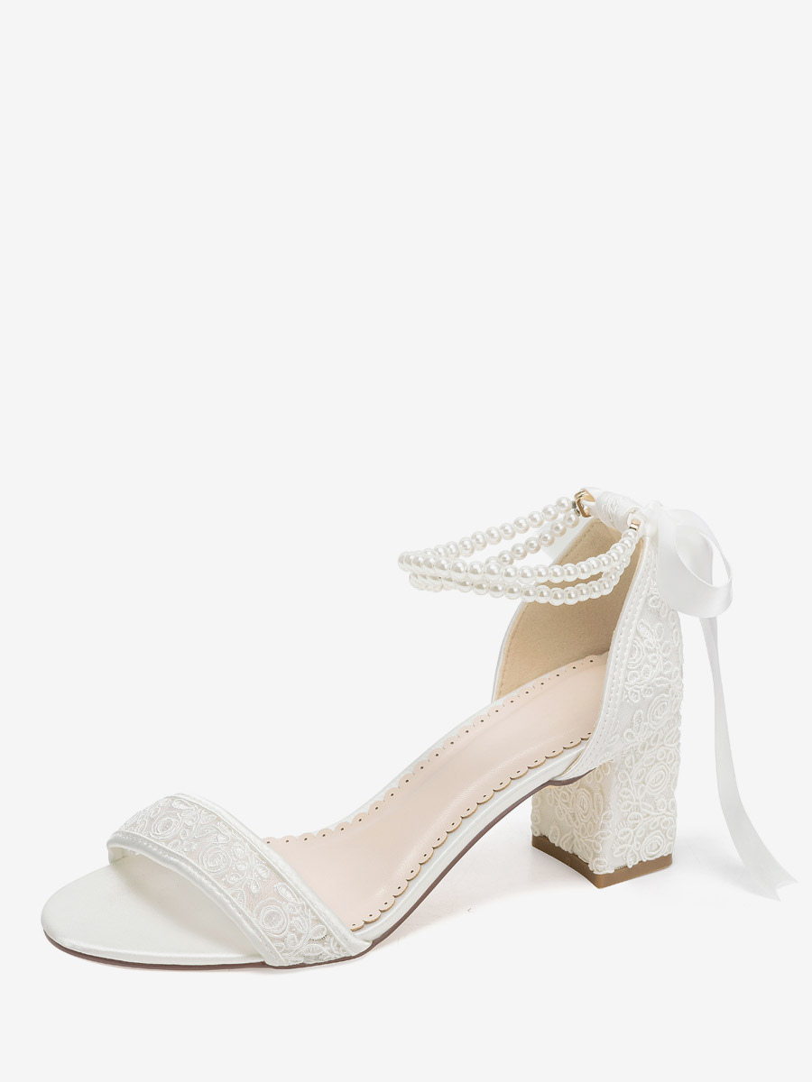 Chaussures de mariée à talon bloc bout ouvert dentelle perles bride cheville chaussures de demoiselle d'honneur