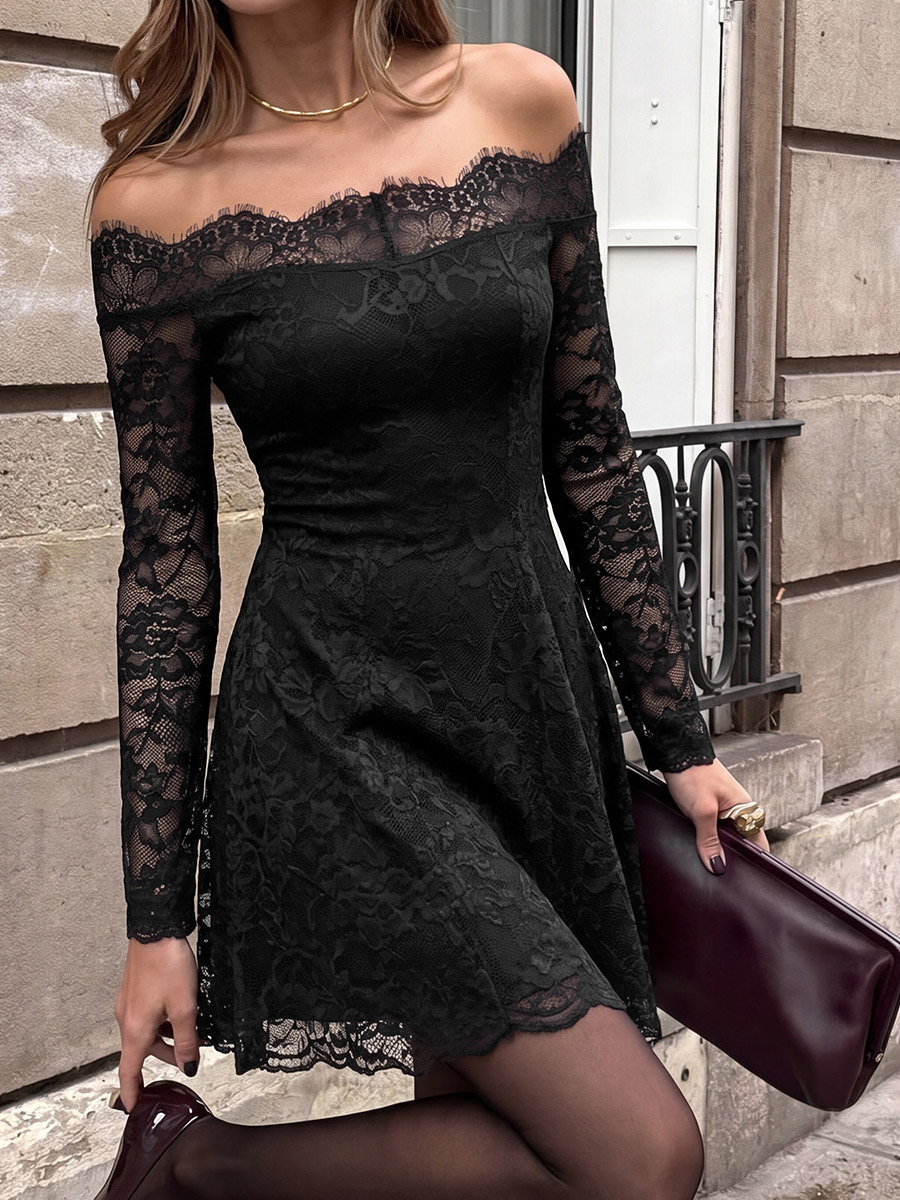 Date Night Dresses Sexy Off The Shoulder Lace Mini Dress Long Sleeve Sheer Floral Mesh A Line Flowy Club Dress-image-1092318