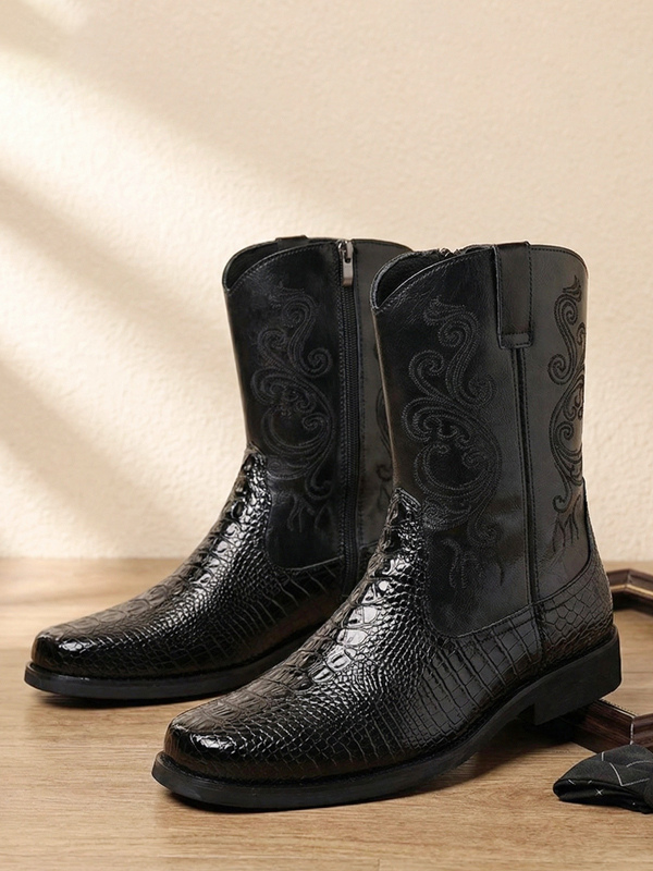 Bottines noires de cowboy pour homme bout rond brodées fermeture éclair