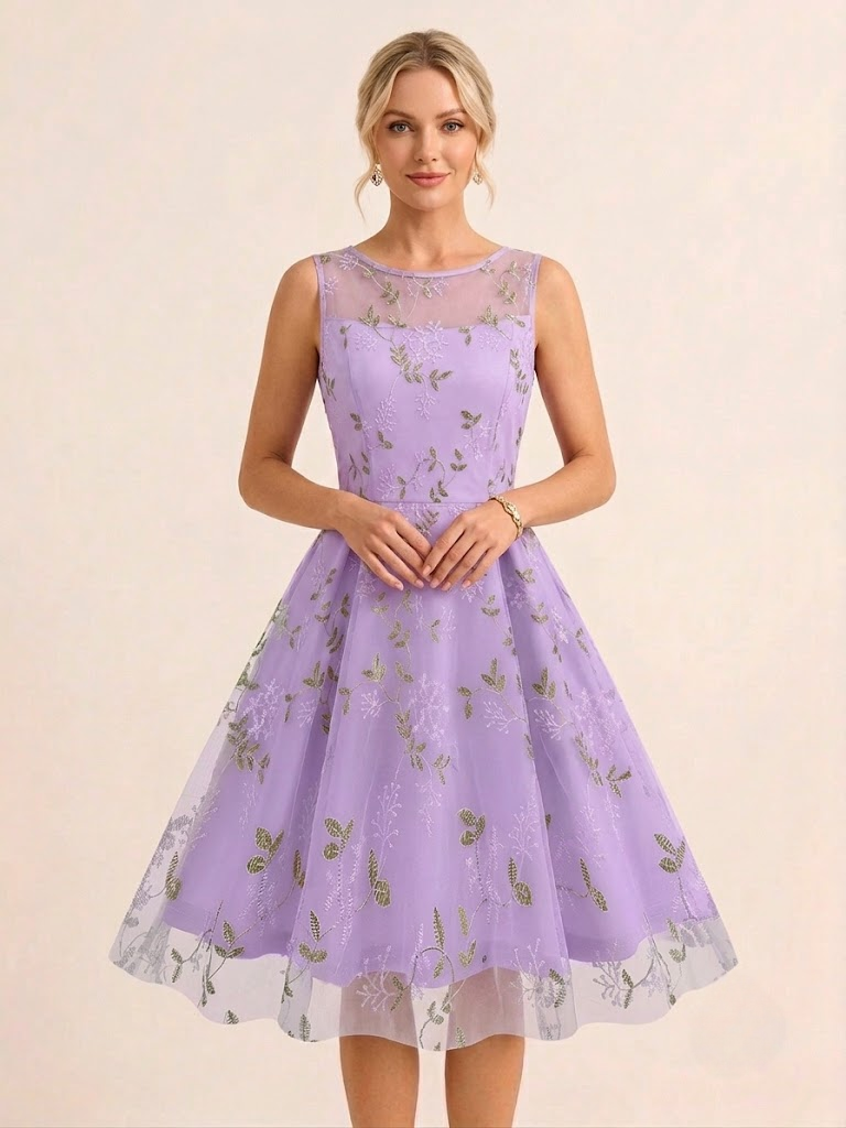 Robe midi fleurie vintage années 1950 pour femme - Robe de bal trapèze en tulle brodé et col illusion - Idéale pour un cocktail d'été 2026