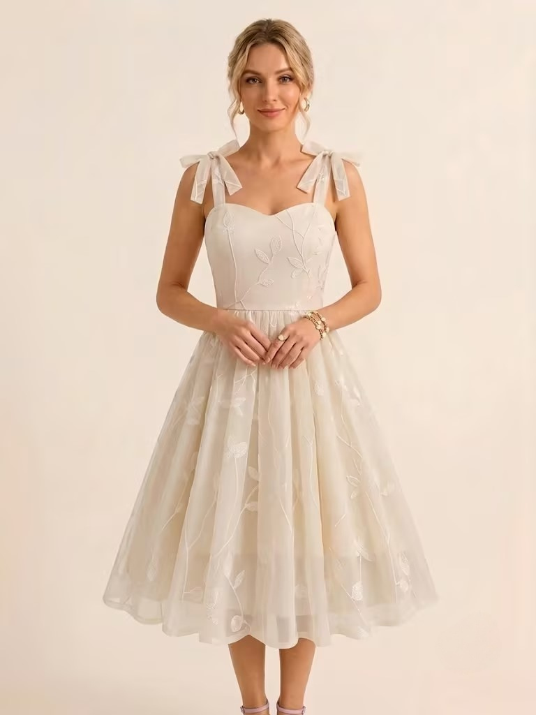 Robe midi vintage années 50 à broderies florales pour femme - Robe d'été trapèze à épaules nouées style cottagecore - Idéale pour une invitée à un 