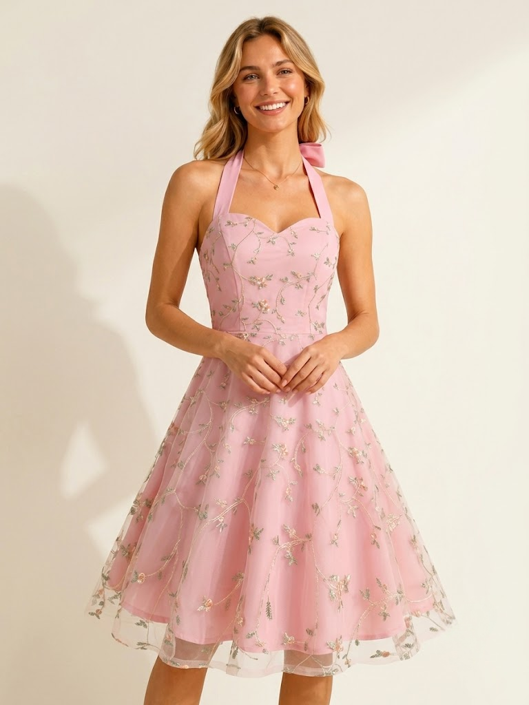 Robe midi fleurie vintage années 1950 pour femme - Robe d'été trapèze en maille brodée à col halter - Idéale pour un mariage printanier au jardin (