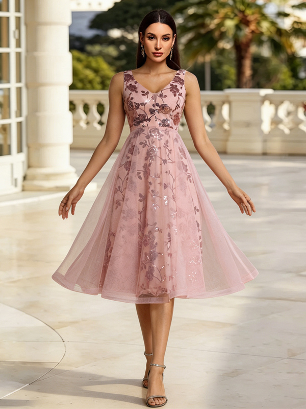 Pink Homecoming Dress A-Line V-Neck Sequins Prom Dress-image-1092604