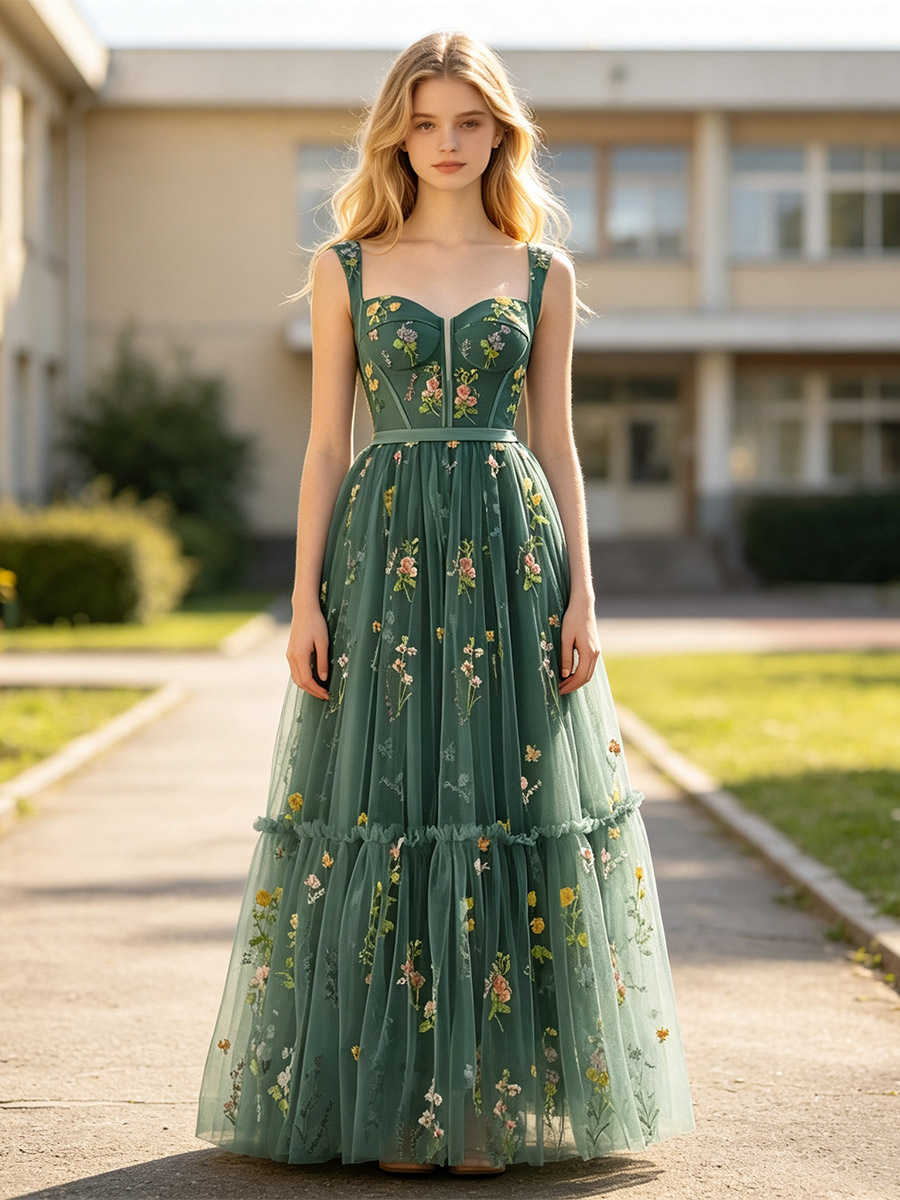 Prom Dresses Women's Floral Embroidery Tulle Ball Gowns Corset Formal Occasion Dress-image-1092624