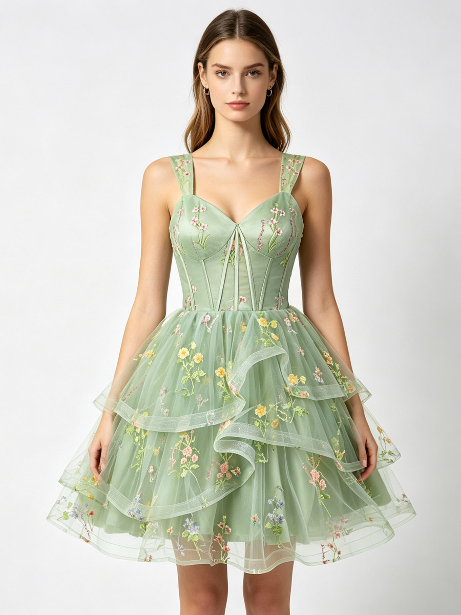 Homecoming Dress A-Line Straps Neck Flowers Party Dress-image-1092628