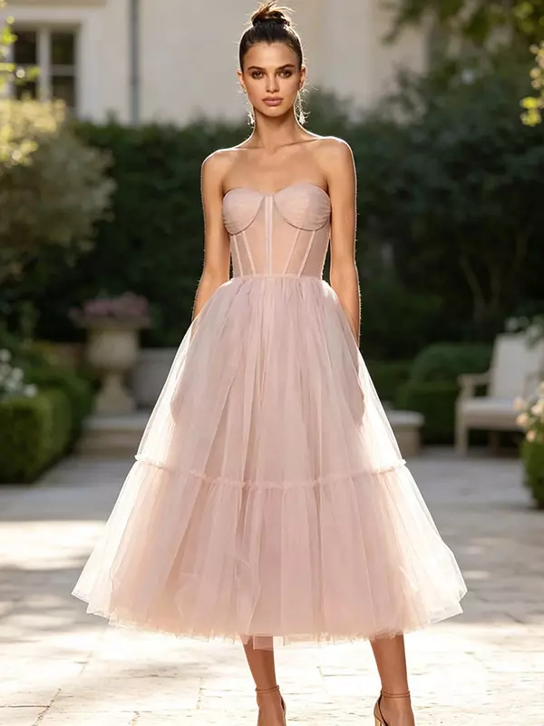 strapless puffy midi dress Sleeve Tulle EU38 / Powder 100% Polyester. strapless puffy midi dress Sylvie