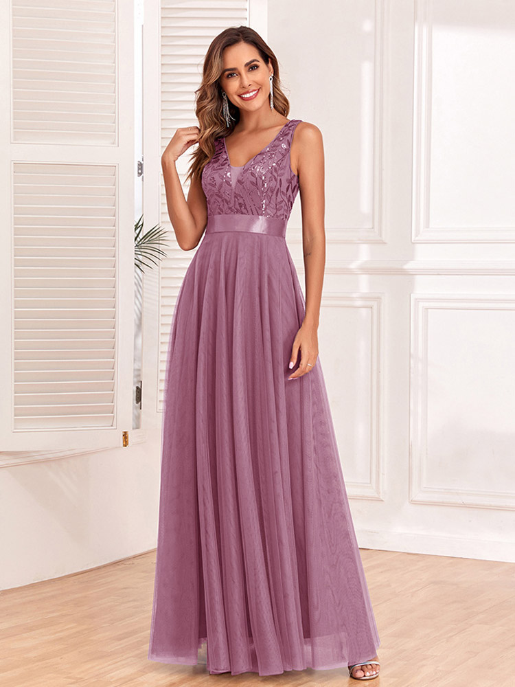 Wedding Guest Dress Evening Dress V-Neck Sleeveless Embroidered Mesh A-Line Formal Bridesmaid Dress-image-1092668