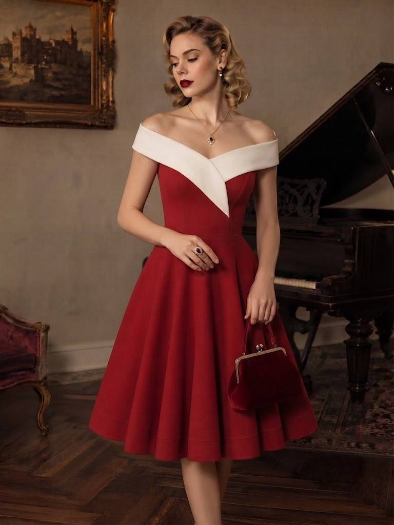 Robe midi bordeaux à épaules dénudées et coupe trapèze pour femme élégante et habillée.
