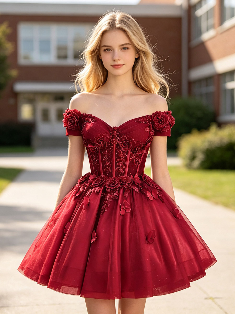 Women's Short Prom Dresses Homecoming Dress A-Line V-Neck Flowers Hoco Dress-image-1092704