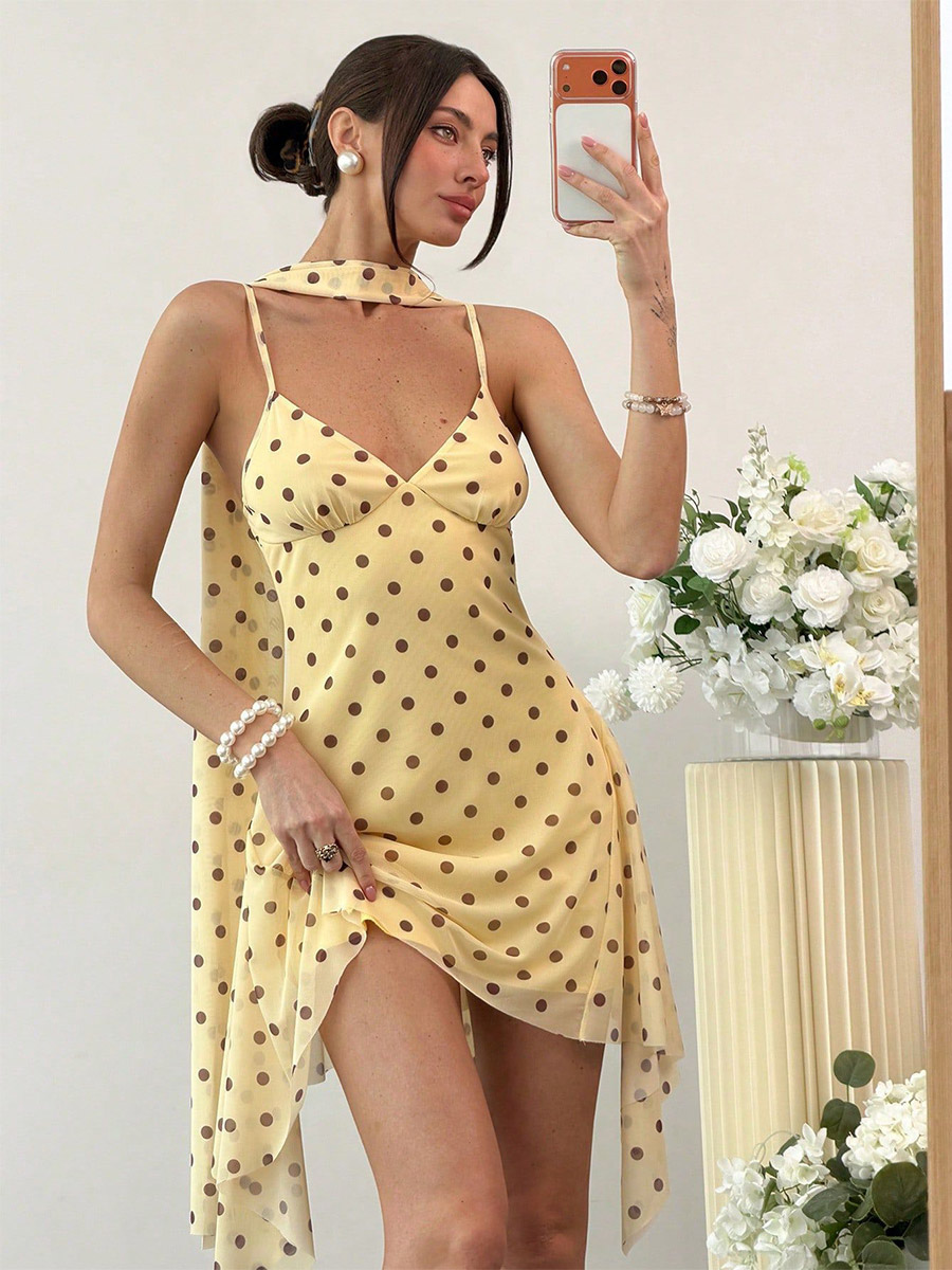 Party Dress Printed Spaghetti Strap Mini Dress With Neck Scarf Set Irregular Hem Satin Slip Dress-image-1092818