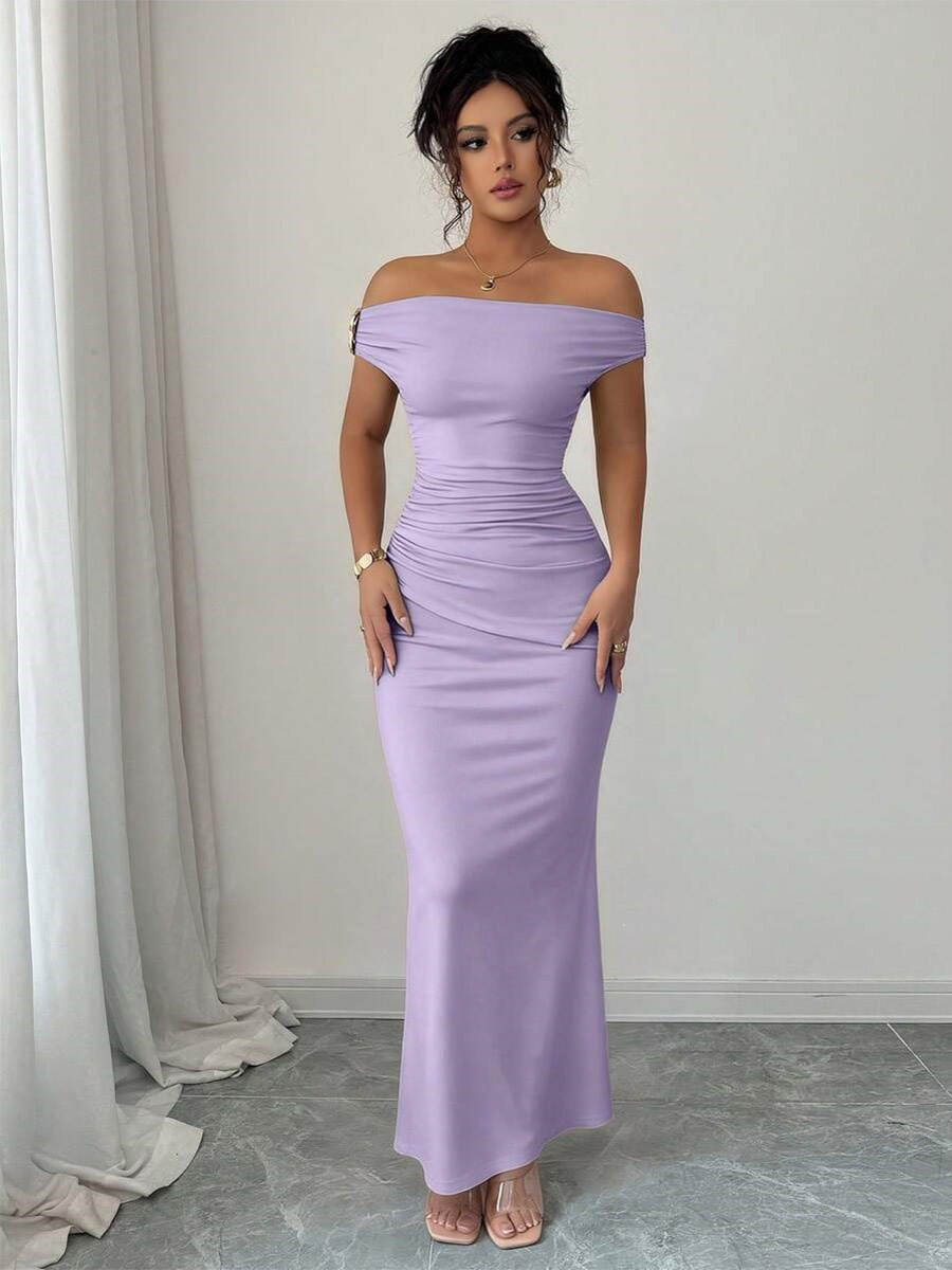 Party Long Dress Off Shoulder Ruched Bodycon Solid Color Stretch Slim Fitted Long Evening Dress-image-1092738