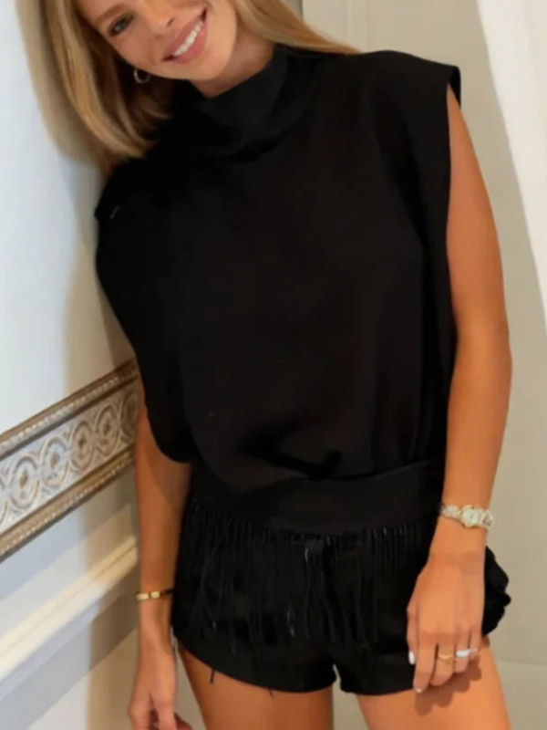 Satin Turtleneck Sleeveless Cutout Back Top Fringe Shorts Two Piece Outfit Set-image-1092742