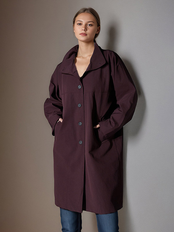 Stand Collar Loose Midi Trench Coat Women Single Button Long Sleeve Casual Outerwear-image-1092776