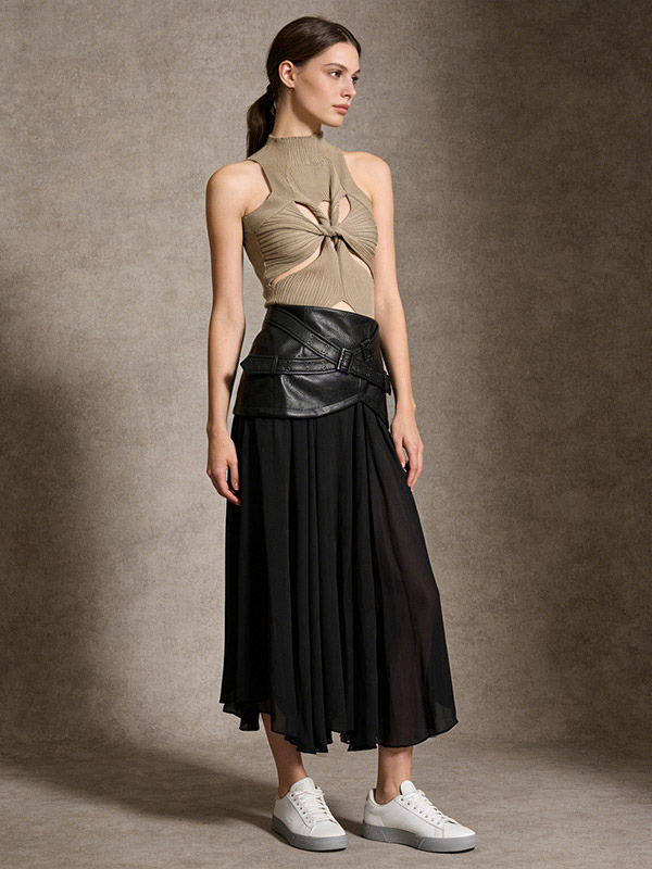 Faux Leather Belted Waist Chiffon Wide Leg Maxi Skirt Asymmetric Wrap PU Overlay Long Skirt-image-1092764