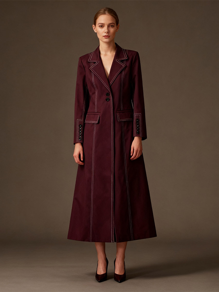 Contrast Stitch Long Blazer Coat Women Notched Lapel Double Button Maxi Length Outerwear-image-1092770
