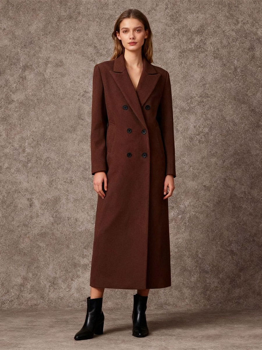 Double Breasted Maxi Wool Blend Coat Women Notched Lapel Long Length Winter Overcoat-image-1092778