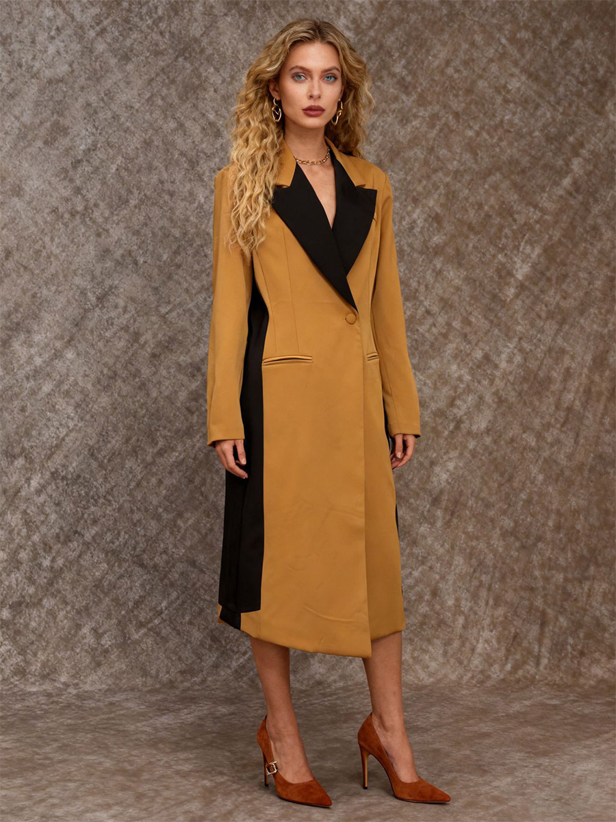 Color Block Contrast Lapel Long Blazer Coat Women Asymmetric Patchwork Maxi Suit Jacket-image-1092772