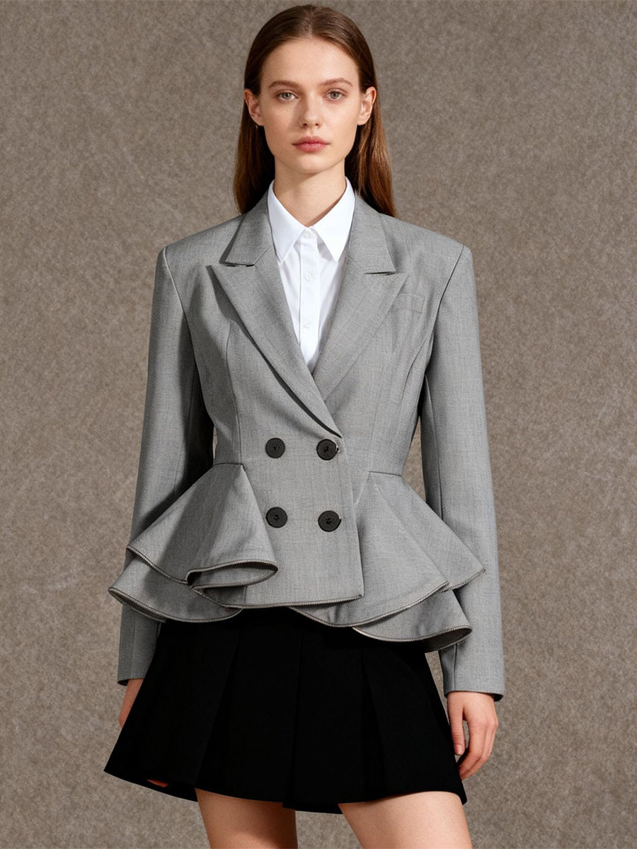 Double Breasted Peplum Blazer Women Detachable Zipper Ruffle Hem Slim Waist Suit Jacket-image-1092730
