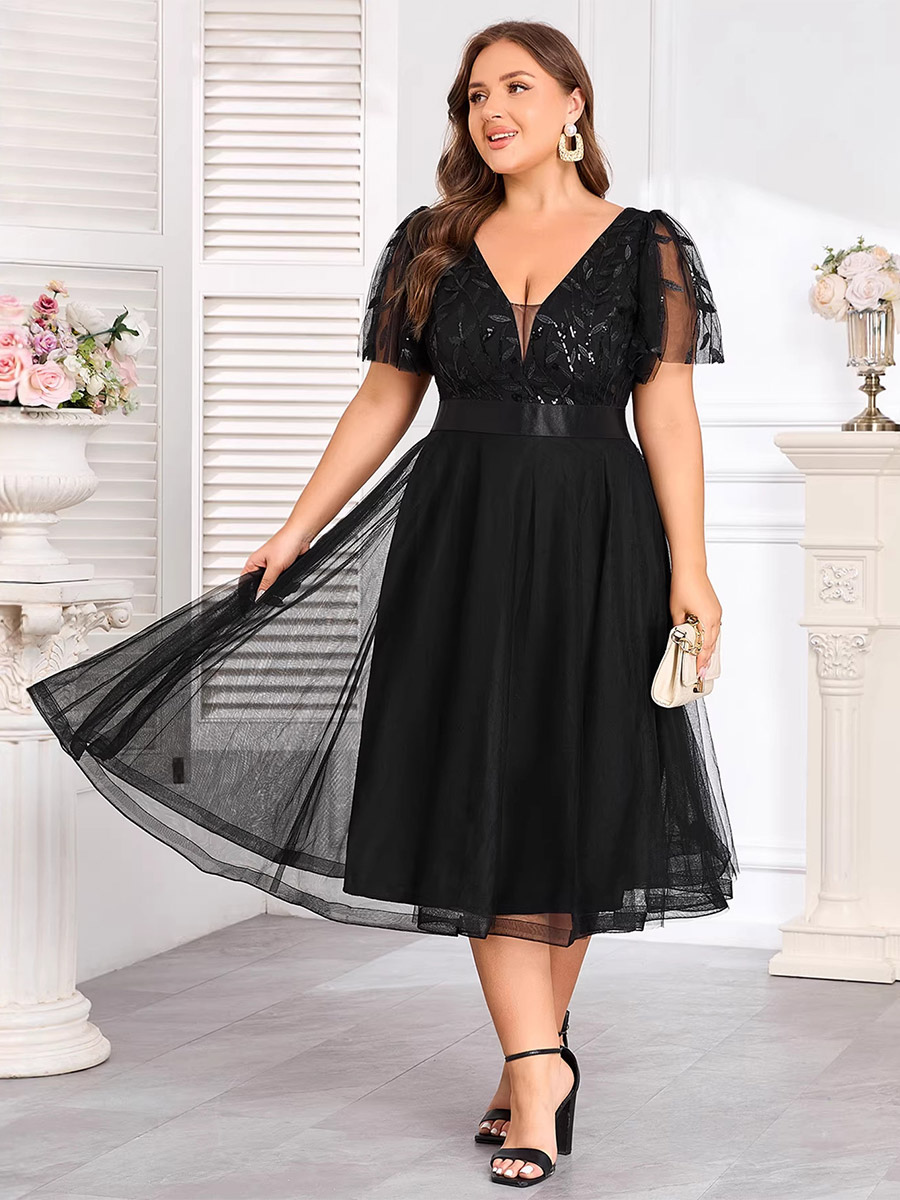 Plus Size V Neck Leaf Sequin Flutter Sleeve Tulle Midi Dress Black Cocktail Party Gown-image-1092780