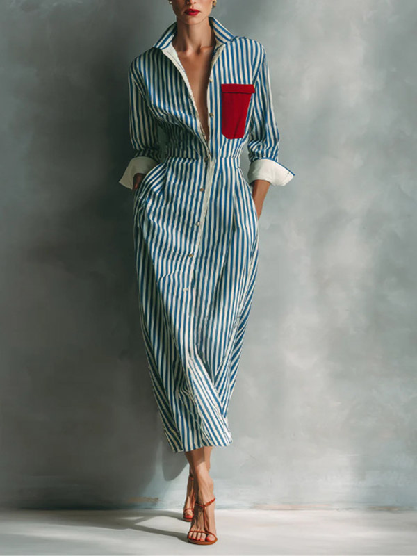 Daily Dresses Collared Striped Button Front Midi Dress Color Block Pocket Cuffed Sleeve Shirt Dress-image-1092726
