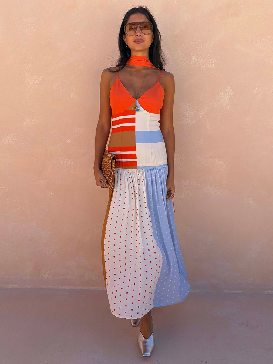 Vacation Dress Spliced Print Slip Dress V Neck Sleeveless Midi Dress With Choker Scarf-image-1092722